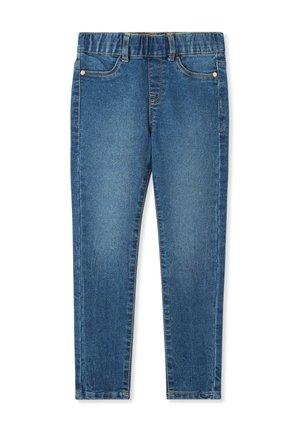 Jeans in denim di blu medio, con cintura elastica, design a cinque tasche e gambe slim-fit con leggere sfumature e dettagli di cucitura.