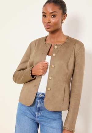 REGULAR FIT - WHIPSTITCH DETAIL COLLARLESS - Žakete - faux suede olive/green