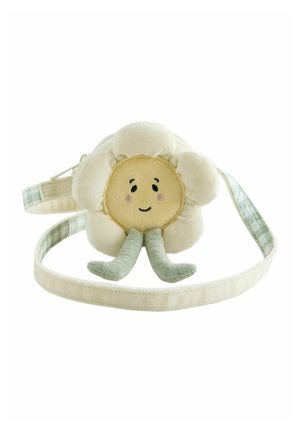 Weiche, plüschige Umhängetasche in Blumenform mit lächelndem Gesicht, cremefarbenen Blütenblättern, grünen Blatt-Riemen und Reißverschlussverschluss auf weißem Hintergrund.