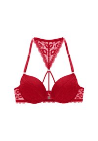 Red lace bra with padded cups, scalloped trim, and a decorative back strap design. Features a central hardware clasp and adjustable straps.