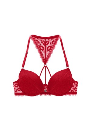 Roter Spitzen-BH mit gepolsterten Schalen, gewelltem Abschluss und einem dekorativen Rückenschnallendesign. Mit einem zentralen Metallverschluss und verstellbaren Trägern.