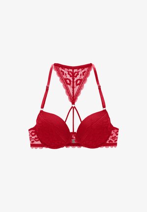 Roter Spitzen-BH mit gepolsterten Schalen, gewelltem Abschluss und einem dekorativen Rückenschnallendesign. Mit einem zentralen Metallverschluss und verstellbaren Trägern.