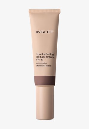 Tube de crème visage CC Inglot Skin-Perfecting avec SPF 30, contenant des céramides et filtres minéraux, emballage beige avec bande marron foncé.