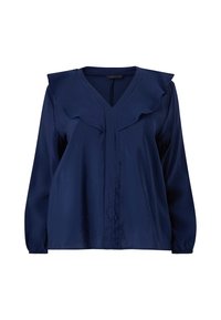 Blusa blu Navy a maniche lunghe con scollatura a V, caratterizzata da dettagli arricciati sulle spalle e orlo dritto. Realizzata in un tessuto leggero e morbido.