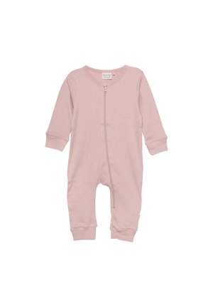 Helles rosa geripptes Overall mit durchgehendem Reißverschluss, langen Ärmeln und eng anliegenden Bündchen. Weiche Textur, schlichtes Design für Säuglinge.