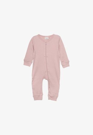 Helles rosa geripptes Overall mit durchgehendem Reißverschluss, langen Ärmeln und eng anliegenden Bündchen. Weiche Textur, schlichtes Design für Säuglinge.