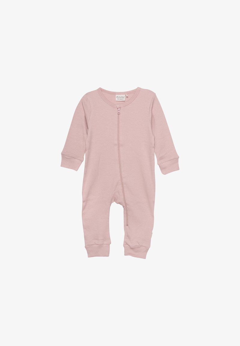 Lichtroze geribbelde romper met een volledige rits aan de voorkant, lange mouwen en aangesloten manchetten. Zachte textuur, eenvoudig ontwerp voor zuigelingen.