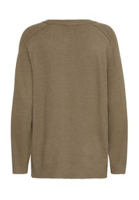 Suéter de punto marrón con cuello redondo, puños y dobladillo acanalados, un ajuste relajado y diseño de espalda recta.