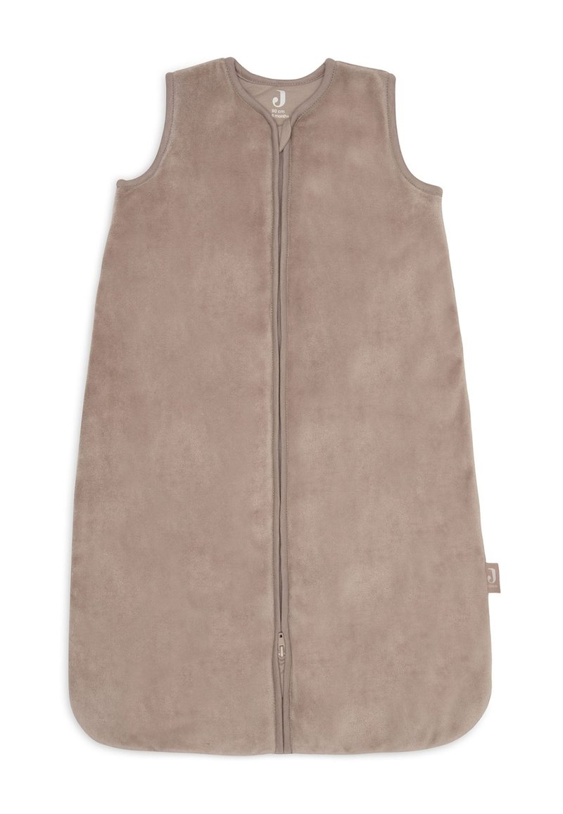 Mouwloze taupe baby slaapzak met voorkant rits, zachte stof, maat 90 cm voor 18 maanden, afgeronde bodem.