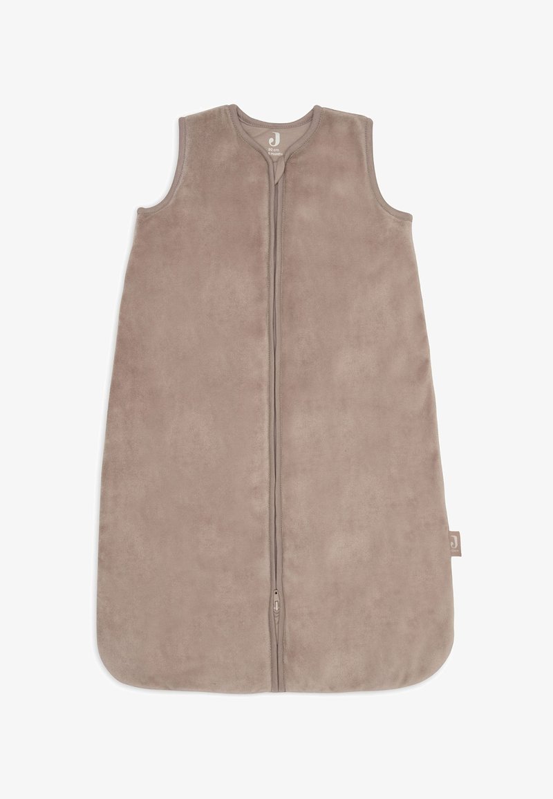 Mouwloze taupe baby slaapzak met voorkant rits, zachte stof, maat 90 cm voor 18 maanden, afgeronde bodem.