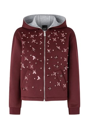 Felpa con zip color bordeaux con interno grigio, caratterizzata da decorazioni floreali con paillettes, due tasche, polsini a costine e cappuccio con coulisse.