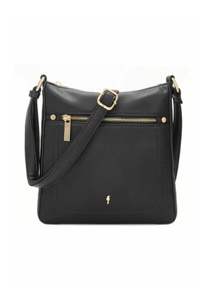 Czarna teksturowana torebka na ramię z złotym zamkiem błyskawicznym, regulowanym paskiem i małym złotym logo na przedniej kieszeni.