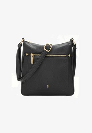 Czarna teksturowana torebka na ramię z złotym zamkiem błyskawicznym, regulowanym paskiem i małym złotym logo na przedniej kieszeni.