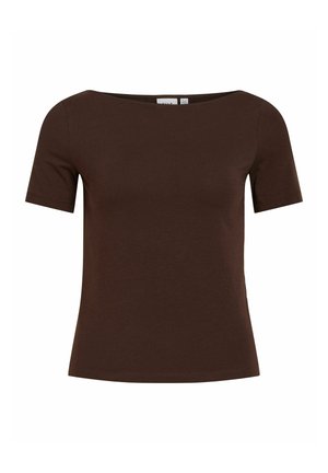 T-shirt marron à manches courtes avec col rond et ourlet droit, présenté sur fond blanc.