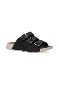 Sorte slide sandaler med tre justerbare sølvspænder på stropperne, med en beige tekstureret sål og en polstret indersål.