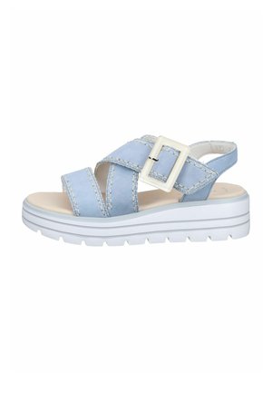 Light blue suede sandal with thick white platform sole, wide straps, large rectangular buckle, and open toe design.