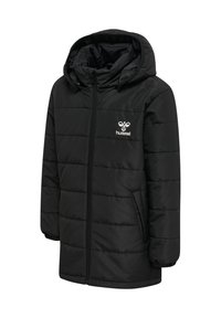 Sort quiltet dunjakke med lynlås, justerbar hætte, sidelommer og et logo på venstre bryst. Fremstillet af polyester.