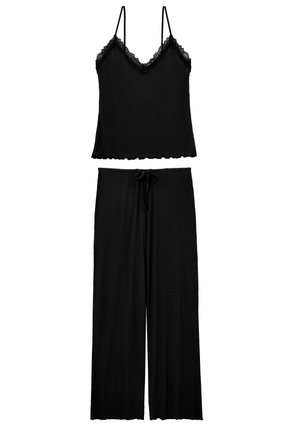 Set pigiama nero a coste con canotta rifinita in pizzo con spalline sottili e pantaloni a gamba larga con coulisse in vita.