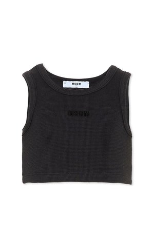 Top court noir sans manches avec encolure ronde et logo MSGM discret brodé au centre devant.