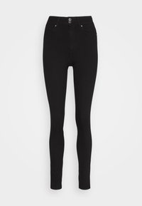 Jeans skinny negros de cintura alta hechos de denim elástico, con cierre de botón y cremallera, diseño de cinco bolsillos y un acabado suave.