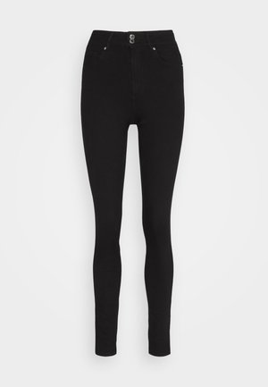 Jeans skinny pretos de cintura alta feitos de denim elástico, com fecho de botão e zíper, design de cinco bolsos e acabamento suave.