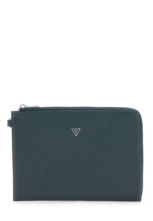 Dark teal zippered wallet with textured surface and silver triangular logo detail. Features a smooth zipper and flat rectangular shape.