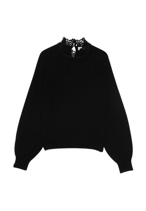 Maglione nero con colletto in pizzo, maniche lunghe a sbuffo e scollatura rotonda. Tessuto morbido, polsini e orlo a coste. Design semplice ed elegante.