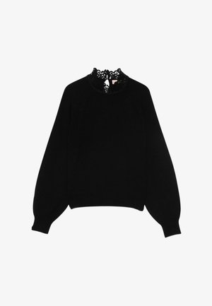 Maglione nero con colletto in pizzo, maniche lunghe a sbuffo e scollatura rotonda. Tessuto morbido, polsini e orlo a coste. Design semplice ed elegante.