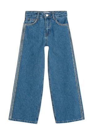 Weite blaue Denim-Jeans mit hoher Taille, versehen mit silbernen dekorativen Nieten entlang der Seitennähte und klassischen Fronttaschen.