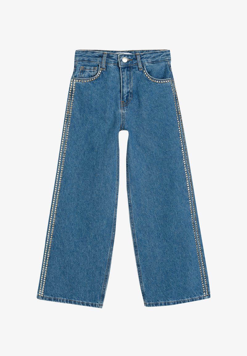 Jeans in denim blu a gamba larga con vita alta, dotati di borchie decorative argento lungo le cuciture laterali e classiche tasche frontali.