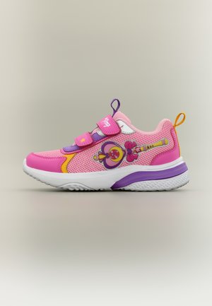 Children's pink and purple sneaker with yellow accents, breathable mesh, two velcro straps, and a magical wand graphic on the side.