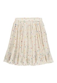 Falda plisada de crema con pequeños patrones de corazones multicolores distribuidos uniformemente por la tela y una cinturilla elástica.