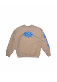 Felpa beige con design grafico blu sul davanti e sulle maniche, realizzata in un tessuto texture con polsini e orlo a coste.