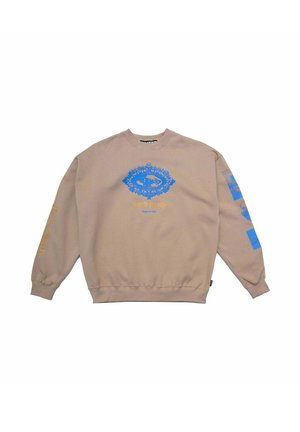 Felpa beige con design grafico blu sul davanti e sulle maniche, realizzata in un tessuto texture con polsini e orlo a coste.