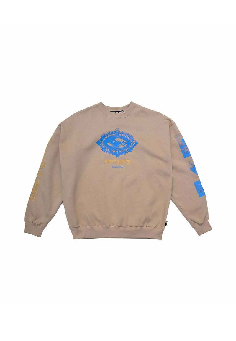 Felpa beige con design grafico blu sul davanti e sulle maniche, realizzata in un tessuto texture con polsini e orlo a coste.