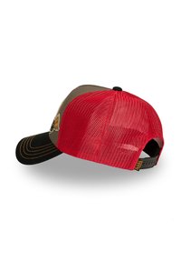 Baseball cap with black bill, olive front panel featuring embroidered design, and red mesh back with adjustable strap.