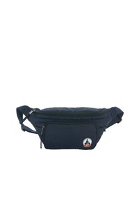 Riñonera azul marino de nylon con un bolsillo frontal con cremallera, correa ajustable y un logo circular con una figura. Textura suave.