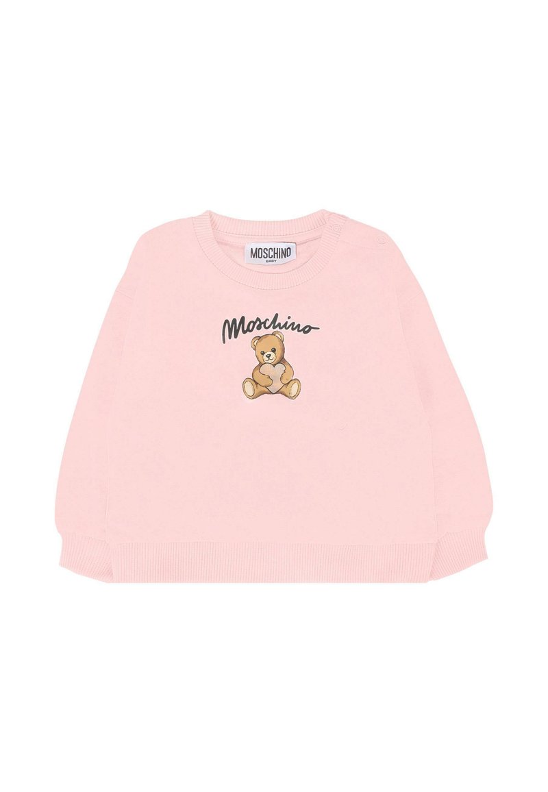 Pullover in cotone rosa con polsini e orlo a costine, caratterizzato da una grafica di un orsetto e dal logo "Moschino" in nero. Texture morbida, design casual.