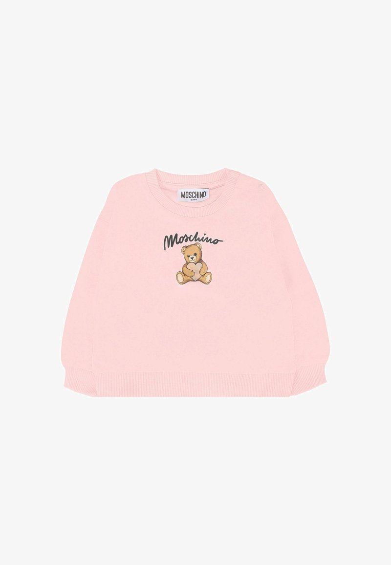 Pullover in cotone rosa con polsini e orlo a costine, caratterizzato da una grafica di un orsetto e dal logo "Moschino" in nero. Texture morbida, design casual.