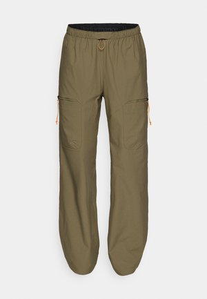 Lightweight olive green cargo pants with elastic waistband and orange drawstring; features zippered side pockets and stitched accents.