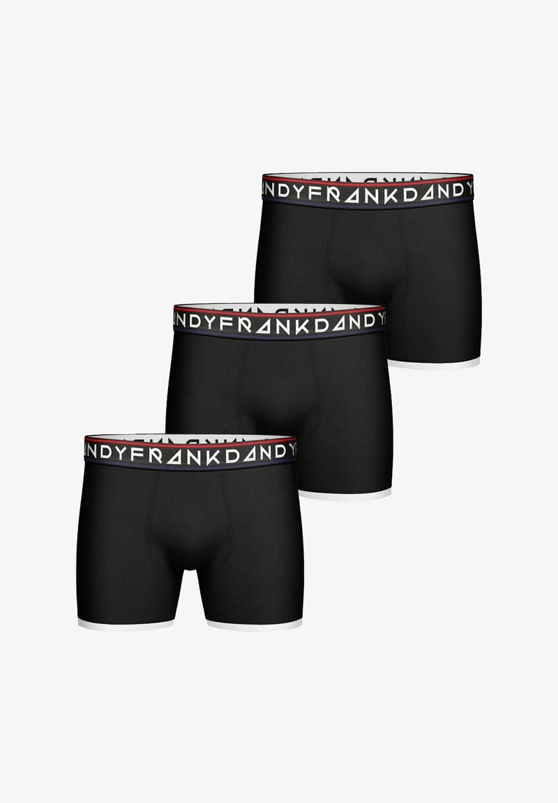 Svarta boxerkyxor i trepack, med ett brett elastiskt midjeband med varumärket "FRANK DANDY" i vita och röda bokstäver och vita detaljer.