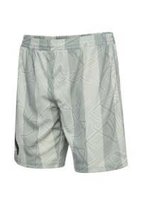 Grå och vit randiga träningsshorts med abstrakta geometriska linjemönster och elastisk midja.