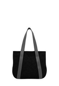 Sac fourre-tout en daim noir avec poignées en cuir gris ; présente une forme plate et spacieuse ainsi qu'un design minimaliste, adapté à un usage quotidien.
