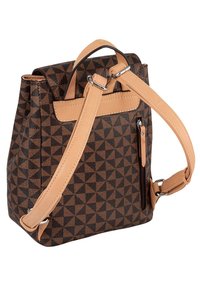 Borsa a tracolla con motivo geometrico marrone, dotata di una tracolla in pelle liscia, manico superiore e tasca con zip sul lato. Materiale testurizzato.