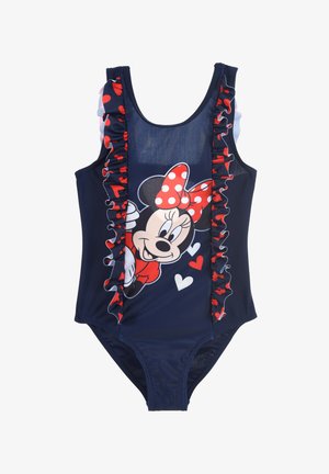 Marineblauer Einteiler-Badeanzug mit roten Pünktchen-Rüschchen und einem grafischen Motiv eines Cartoon-Charakters mit Herzen. Hergestellt aus dehnbarem Material.