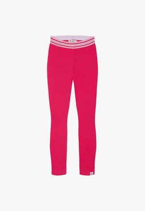 Leggings rosa a coste con una cintura elastica bianca e decorazioni. Realizzati in materiale elasticizzato, adatti per un look casual.