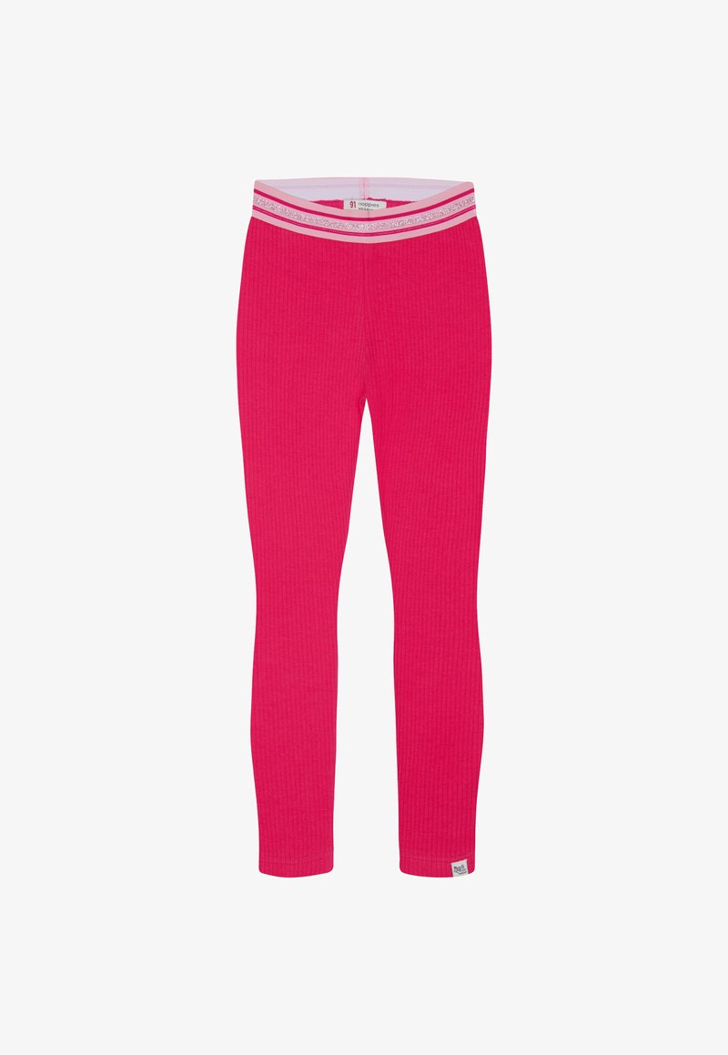 Rosa gerippte Leggings mit einem weißen elastischen Bund und dekorativen Akzenten. Hergestellt aus dehnbarem Material, geeignet für die Freizeit.