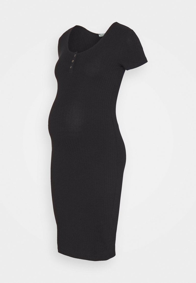 Robe de maternité noire à manches courtes, ajustée, avec un décolleté rond et trois petits boutons sur la poitrine, longueur genou.