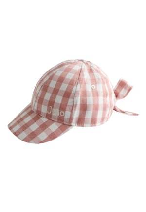 Rosa-weiß kariertes Baseballcap mit einer kleinen Schleife am Hinterkopf und "Jouo" auf dem Vorderteil bestickt.