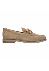 Suede loafers in light brown with a flat sole. Features a decorative leather strap with metallic accents on the vamp. Rounded toe design.